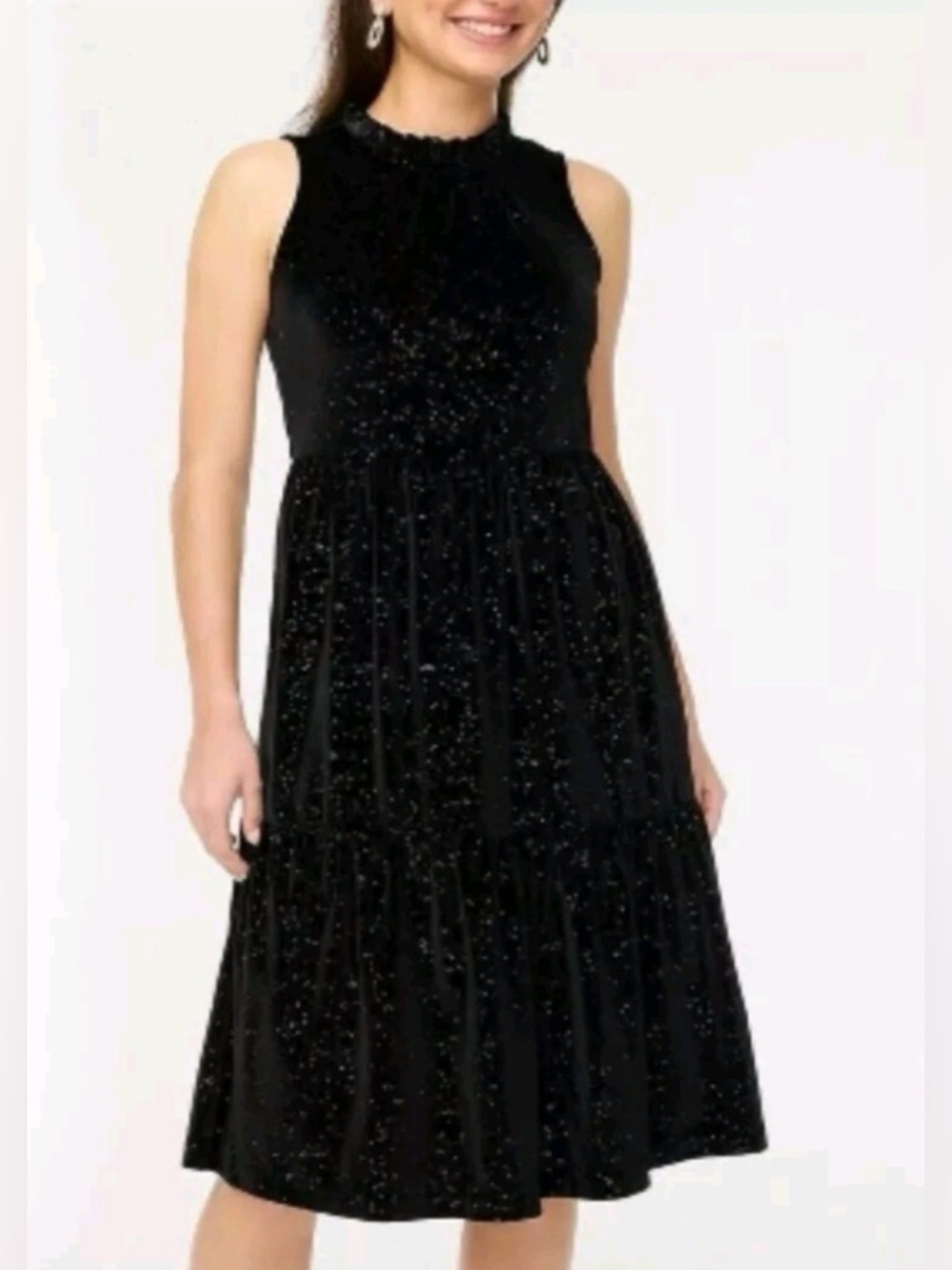 J. Crew Factory Gold Black Velvet Sleeveless Ruffle Neck Tiered Dress, 6